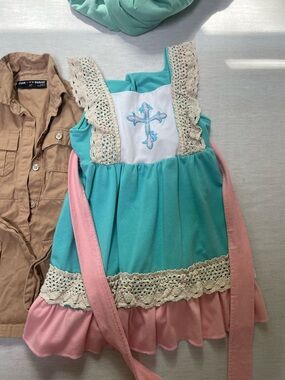 2👗Kids Turquoise & Pink Cross-Embroidered Dress with Lace and brown dress